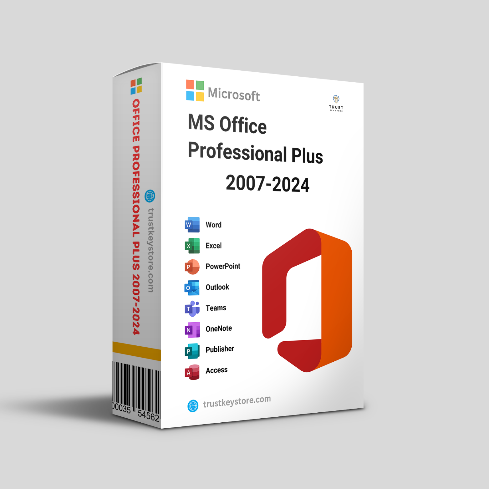 Microsoft Office Professional Plus 2007-2024 software package box with a list of included applications like Word, Excel, PowerPoint, Outlook, and more. Displaying the TrustKeyStore logo and website.