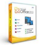 Box image of Microsoft Office Professional Plus 2010 software package with icons for Word, Excel, PowerPoint, and more.